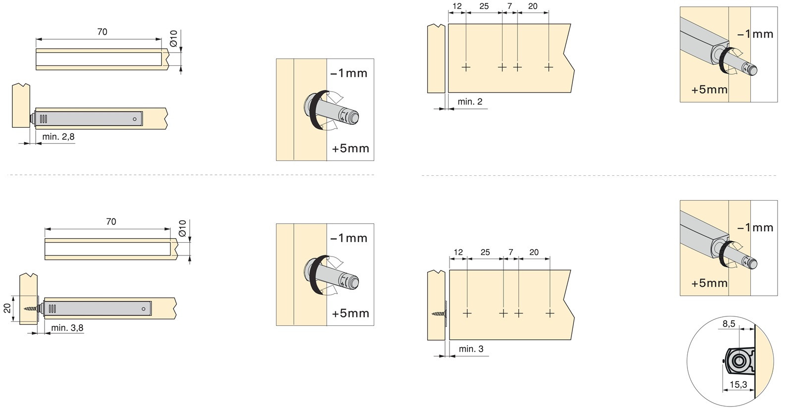 2 kpl tyylikäs nepparisalpa, asennuskotelolla, pinta: harmaa, muotoilu: ei-magneettinen, 1900221. Vakaa push-to-open ovenavaaja huonekalujen oviin, kaapin oviin, luukkuihin ja moneen muuhun, EMUCA - Image 3
