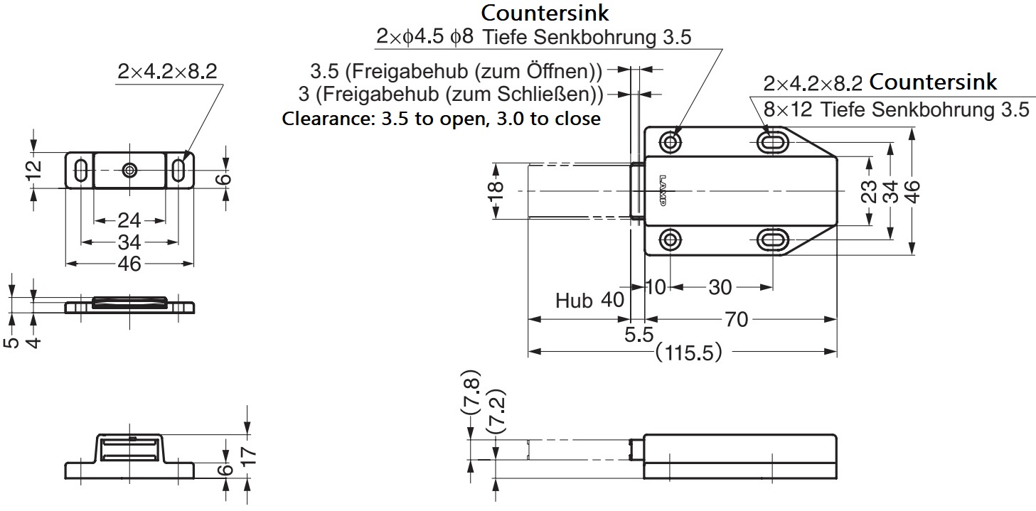 2 kpl magneettisia nepparisalpoja, sis. vastalevyn, pinta: ruskea, 38 mm (1-1/2"), versio: pitkällä männällä, ML-120BR. Push-to-open ovenavaaja huonekalujen oviin, kaappien oville ja paljon muuta, Sugatsune / LAMP® (Japani) - Image 2