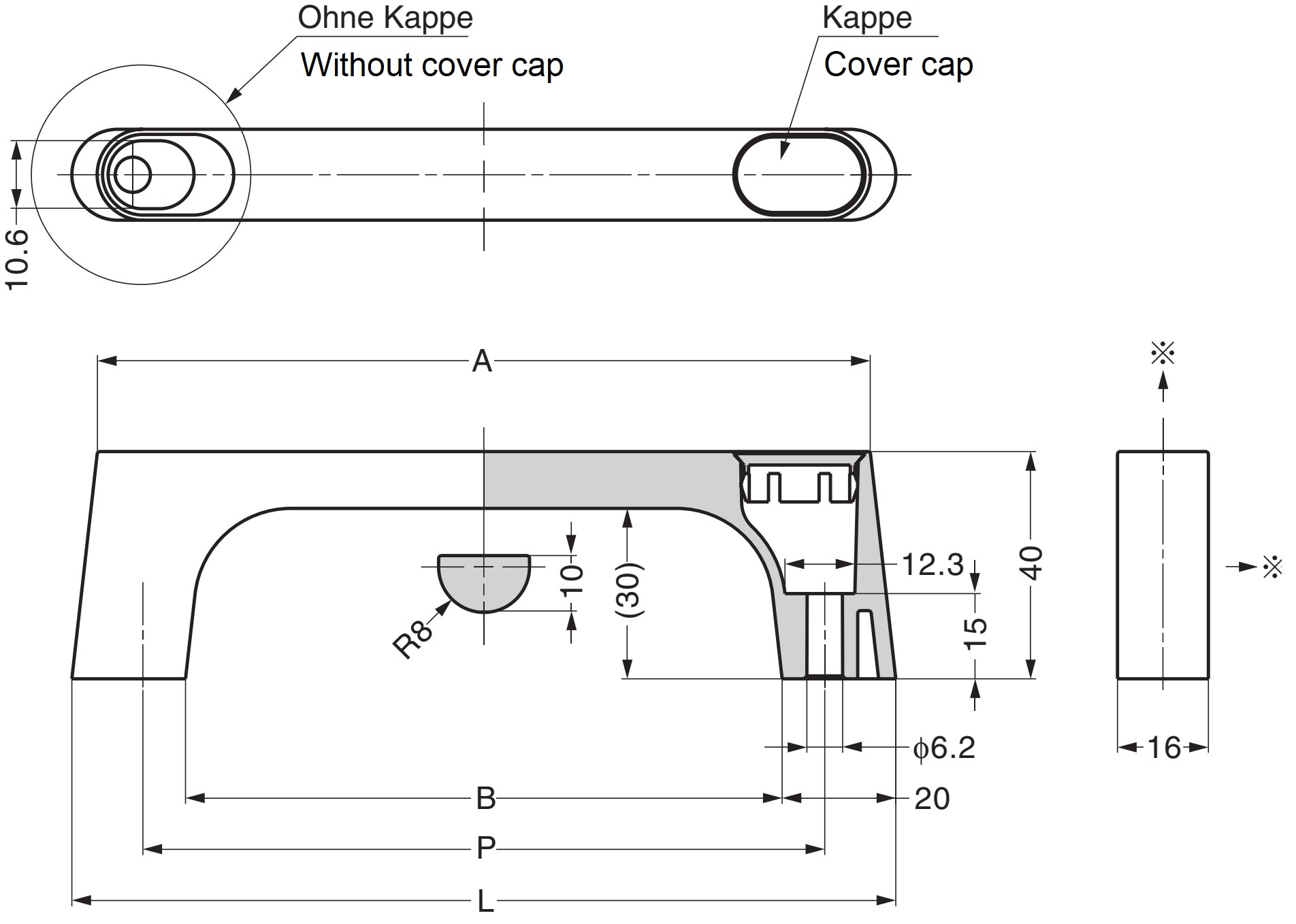 Laadukas kiinteä sinkkiseos (ZDC) kahva, kromattu, satiinimatto vaaleansinisillä kansikorkkeilla, 175 mm (6,9") KMH-150-BU. Konekahva KMH-150-BU teollisuuskaappiin, tuotantolaitokseen, koneenrakennukseen, Sugatsune / LAMP® (Japani) - Image 2