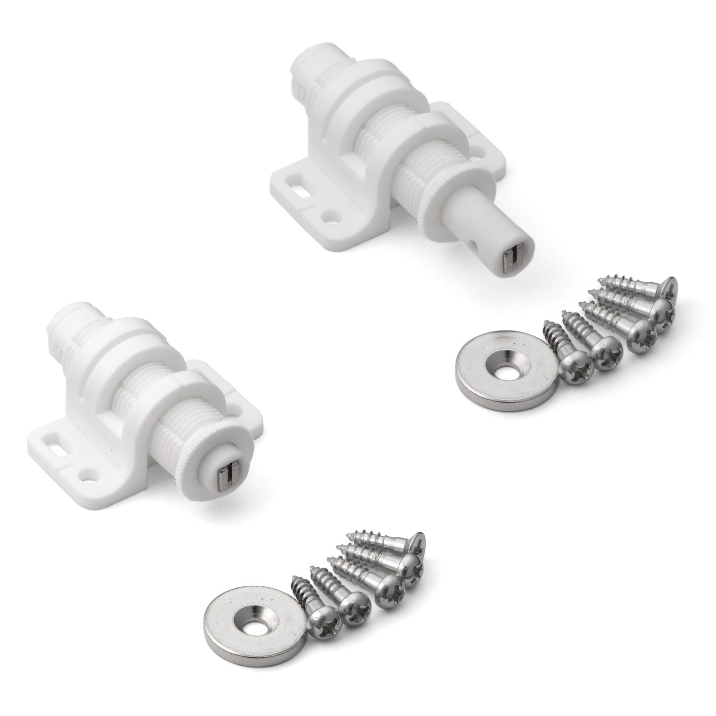 2 kpl pyöreä magneettinen neppariläppä säätömahdollisuudella, sis. vastalevyn, pinta: valkoinen, MC-25WT. Push-to-open ovenavaaja huonekalujen oviin, kaappien oville ja paljon muuta, Sugatsune / LAMP® (Japani)