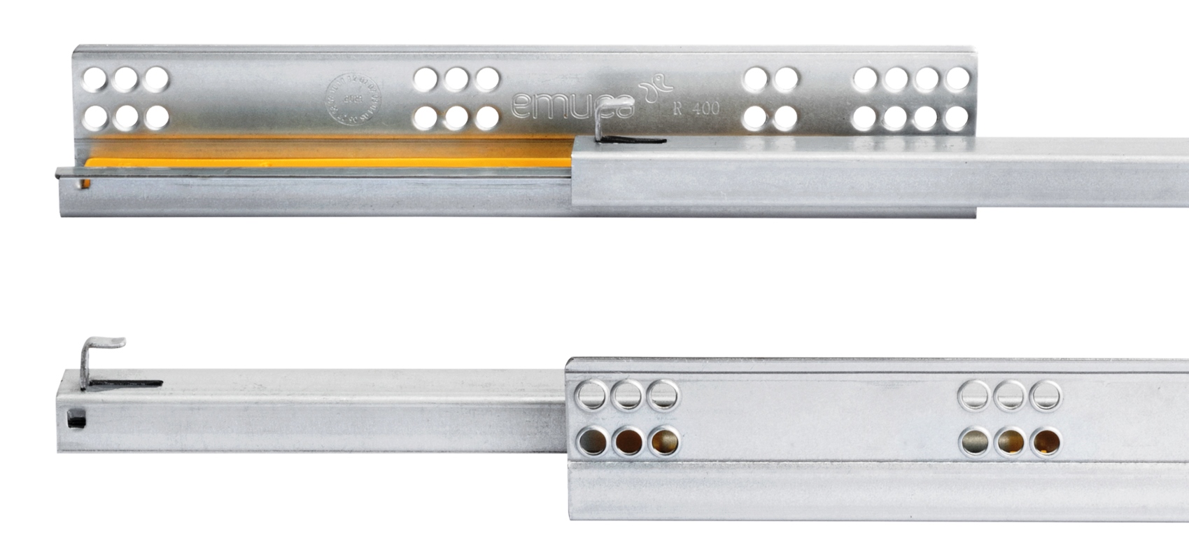 Lattian alla olevat kiskot, kantavuus: 25 kg (56 lbs), 500 mm (19-11/16"), versio: osittainen ulosvedettävä pehmeällä sulkeutumisella, 3019505. Laadukkaat lattian alla olevat vetolaatikot puisiin laatikoihin, puisiin laatikoihin, puuhyllyihin ja moneen muuhun EMUCAlta - Image 4