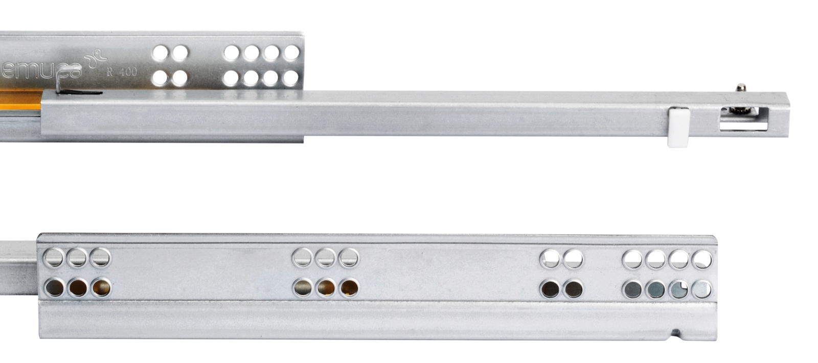 Lattian alla olevat kiskot, kantavuus: 25 kg (56 lbs), 500 mm (19-11/16"), versio: osittainen ulosvedettävä pehmeällä sulkeutumisella, 3019505. Laadukkaat lattian alla olevat vetolaatikot puisiin laatikoihin, puisiin laatikoihin, puuhyllyihin ja moneen muuhun EMUCAlta - Image 5